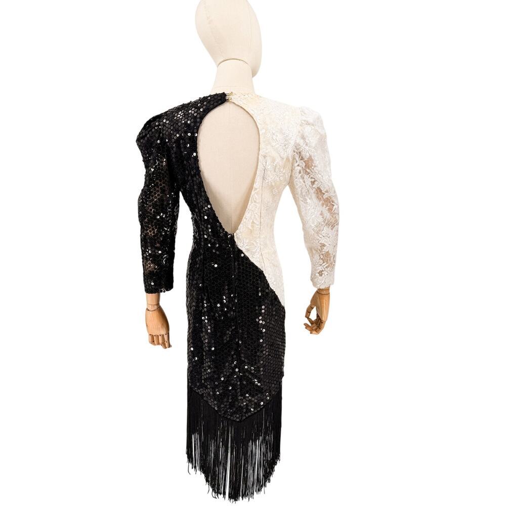 Vintage 80s Dave & Johnny Joseph Lara White Black Sequin Fringe Dress - Picture 5 of 10